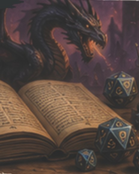 Otwarta księga, kości RPG i figurki na tle smoka
